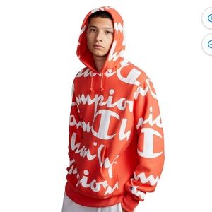 Champion Men's Small Coral And White ALL Over Logo Hoodie